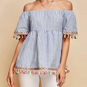 Entro Neon Tassel Off Shoulder Blue & White Top M